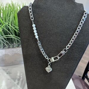 NWOT - Silver Heart Charm Statement Necklace with Faux pearl Accent